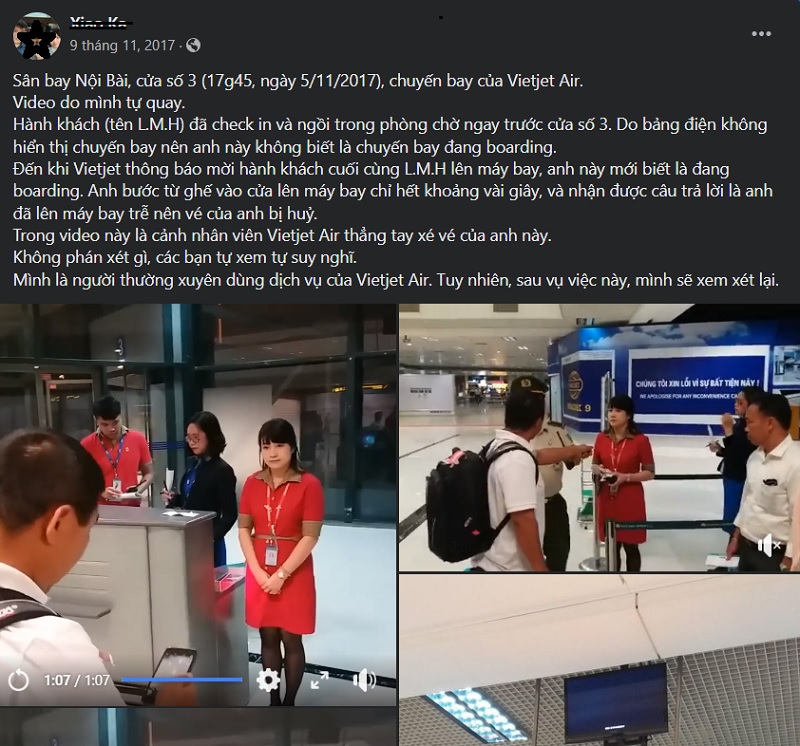 Vụ việc nhân viên Vietjet xé vé của hành khách đăng trên mạng xã hội.
